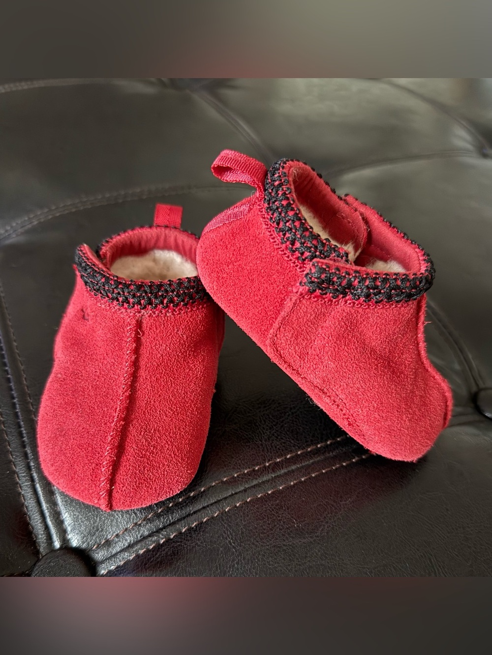 UGG Red Suede Tasman Baby Booties with Black Trim